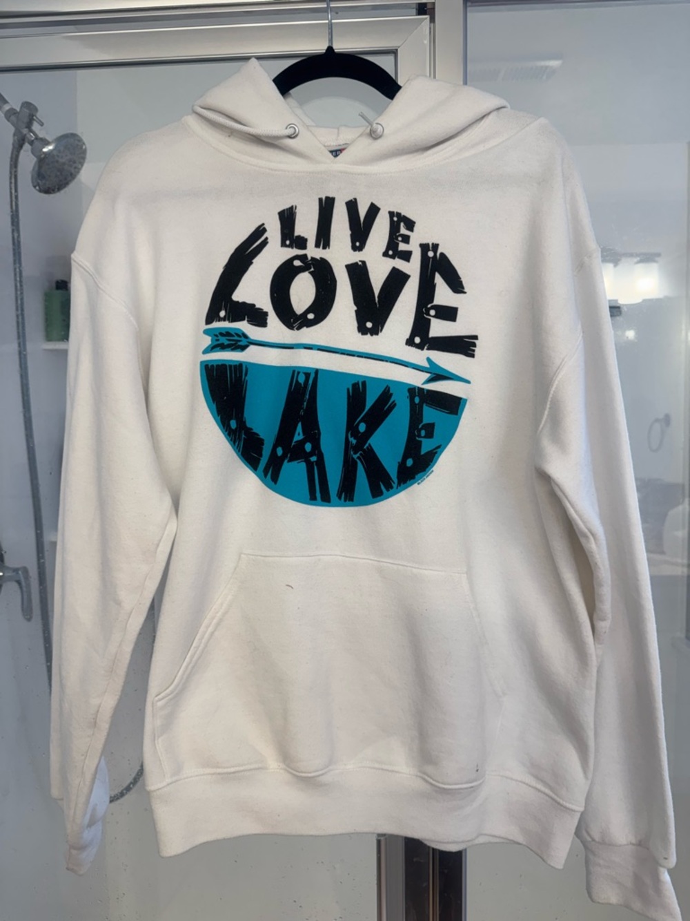Live Love Lake White Hoodie with Teal Graphic